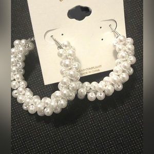 Natasha faux white oversized pearl silver plated hoop earrings new